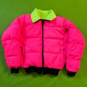 Small 80s Columbia Hot Pink Fluorescent Reversible Down Filled Coat Jacket